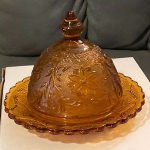 VINTAGE 1925 Indiana Glass Sandwich Amber Covered Butter Dish (2 pcs)-6.5"H-EUC